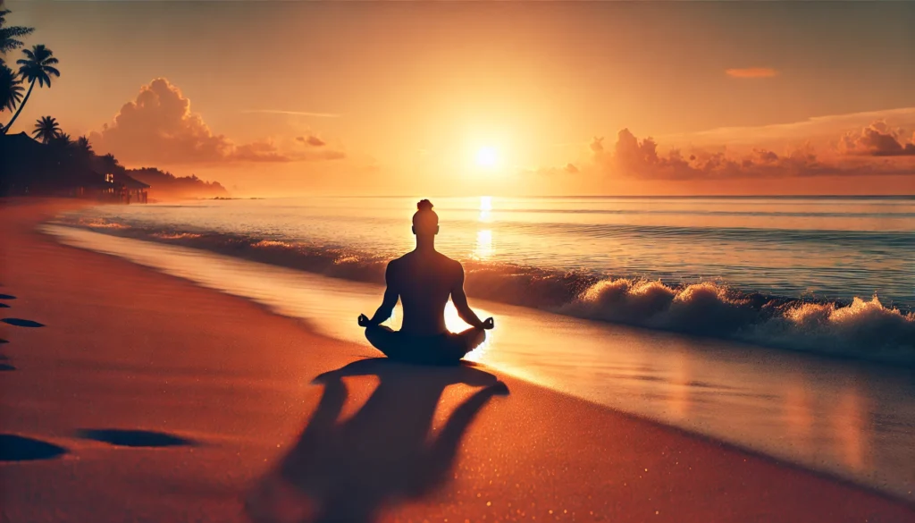 A tranquil beach scene at sunrise with a person practicing progressive muscle relaxation meditation, seated cross-legged on the sand, facing calm ocean waves under the warm glow of the sun.