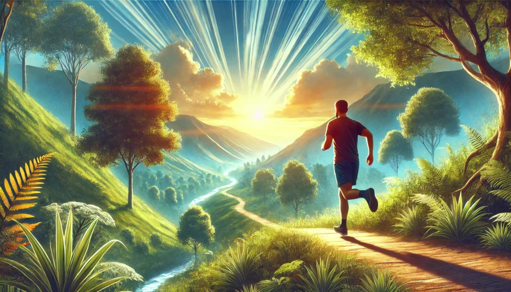  A person running on a scenic trail, symbolizing dedication and progress towards personal achievements