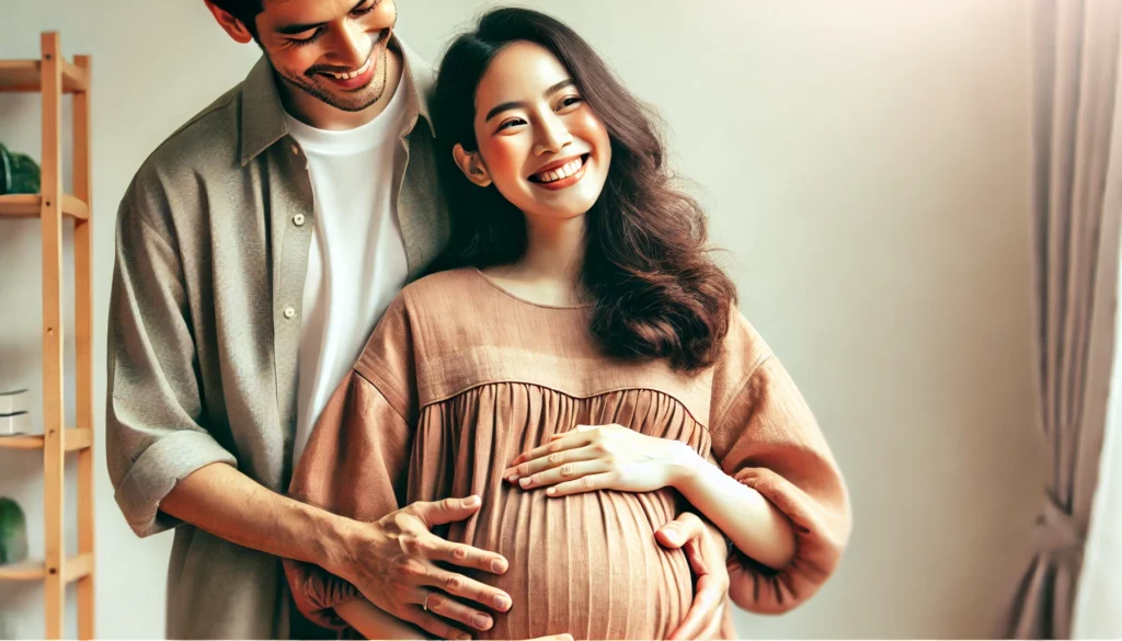 A couple embraces lovingly as the expecting mother smiles, holding her belly. The father-to-be stands behind her, hands gently placed on her baby bump, symbolizing love and anticipation.

