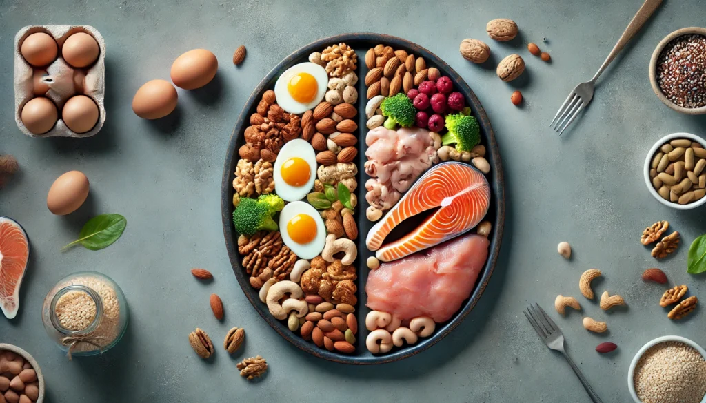 An artistic composition of a brain-shaped platter made from protein-rich foods such as eggs, salmon, chicken, nuts, and beans. The ingredients are carefully arranged to form the brain's structure, visually emphasizing the role of protein in enhancing memory and cognitive health.