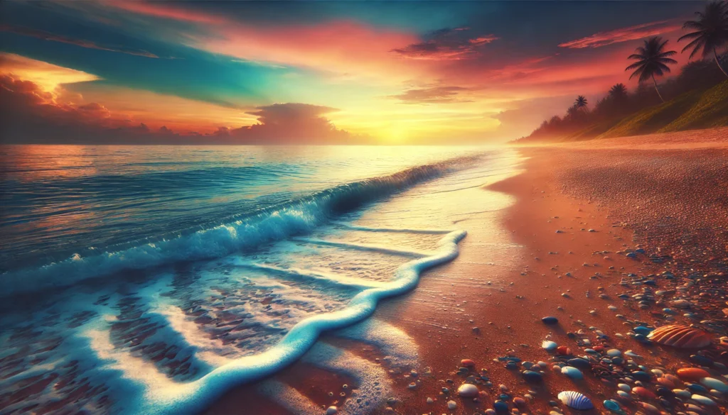 A tranquil beach at sunset, reflecting stress relief synonym through calming ocean waves and vibrant skies.