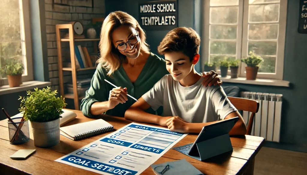 A parent and middle school student sitting together at a table, reviewing and discussing a goal-setting worksheet, emphasizing family support and encouragement. Keyword: free goals sheet middle school