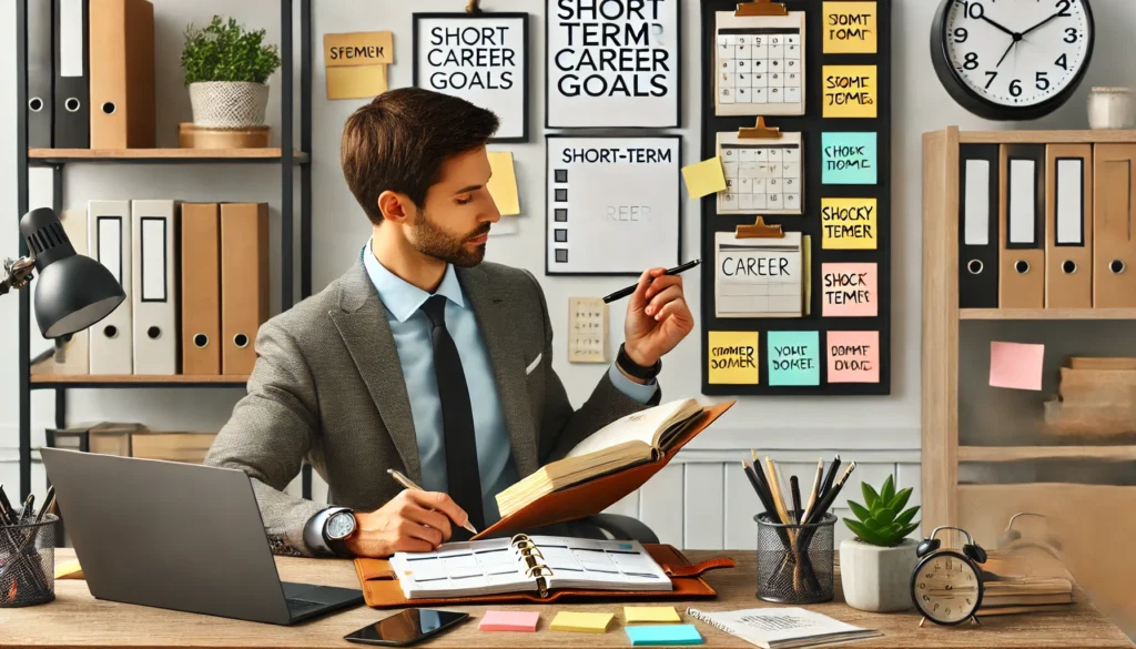 A professional organizing tasks using a planner and sticky notes in an office setting, showcasing productivity and career development under 'a couple of my short term goals are