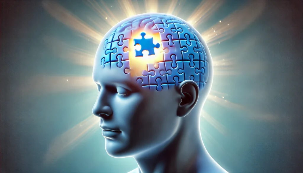 A conceptual visualization of memory recall techniques, featuring a human head with a glowing puzzle piece being placed into the brain. The radiant blue background represents mental clarity and the process of strengthening memory pathways.