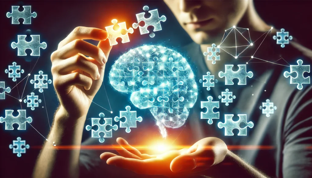 A representation of brain training for memory recall, showcasing a person solving a glowing 3D puzzle. Floating puzzle pieces emphasize mental exercises that enhance recall speed and cognitive flexibility in a sharp-focus, futuristic style.