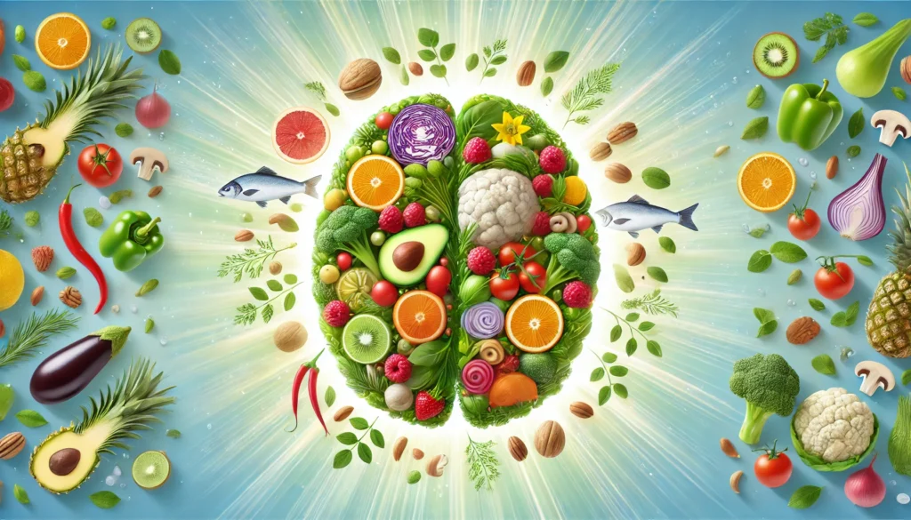 A symbolic illustration of how diet supports memory recall, featuring a vibrant brain composed of fresh fruits, vegetables, nuts, and fish. The glowing effect emphasizes the role of proper nutrition in strengthening cognitive function and retention.