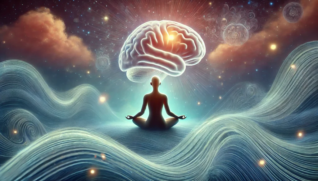 A dreamlike depiction of mindfulness improving memory recall, featuring a serene figure meditating. A glowing brain surrounded by swirling energy waves symbolizes the power of relaxation and focus in strengthening memory retrieval.