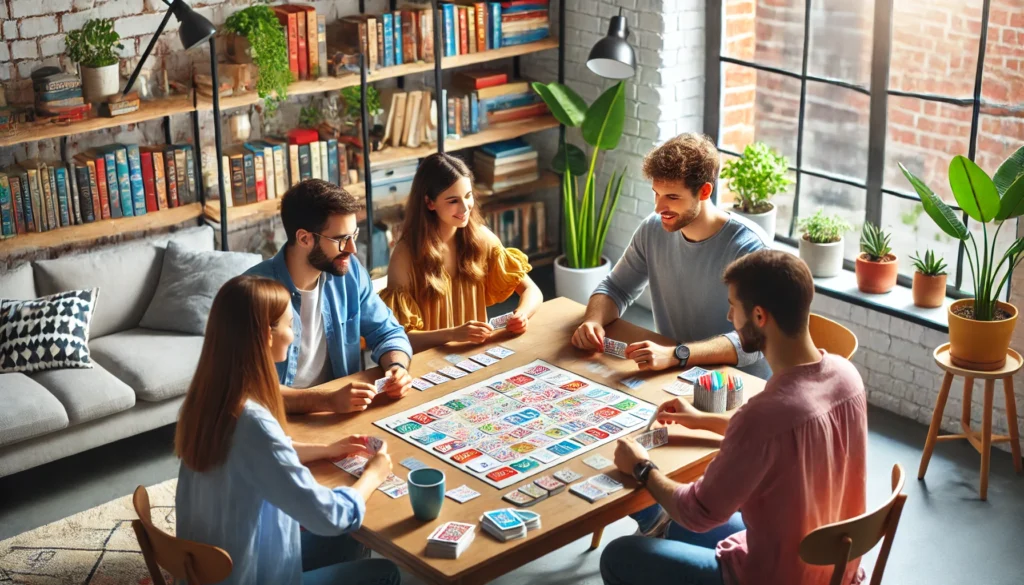 A group of friends playing a short-term memory card game with colorful tiles and patterns at a table, set in a bright living room with natural light, bookshelves, and indoor plants, emphasizing short term memory games.