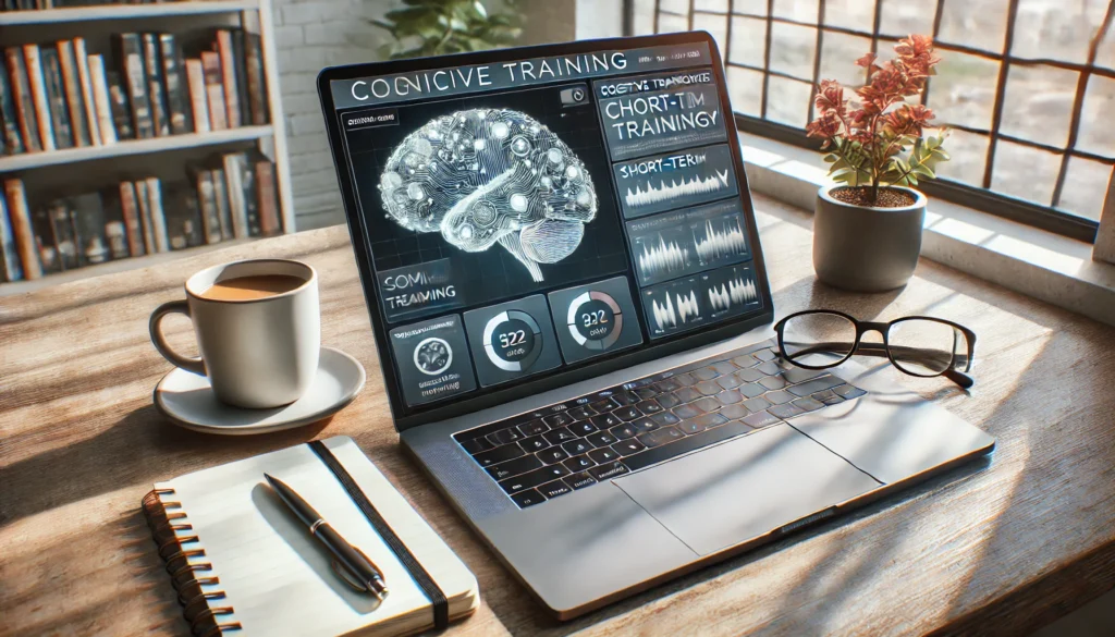 A workspace featuring a laptop with a cognitive training program, a notebook, a pair of glasses, and a cup of coffee, illuminated by natural light, emphasizing focus and mental exercises for enhancing short-term memory.