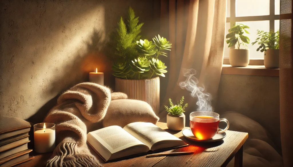 A cozy reading nook featuring an open book, a soft blanket, and a steaming cup of tea, complemented by warm lighting and a small potted plant, ideal for boosting memory through focused reading.