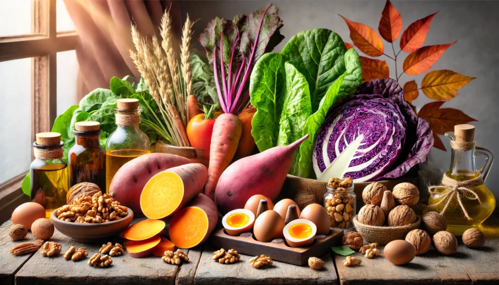 An artistic and colorful display of foods beneficial for skin and hair health, including sweet potatoes, walnuts, eggs, and leafy greens on a wooden table with natural lighting