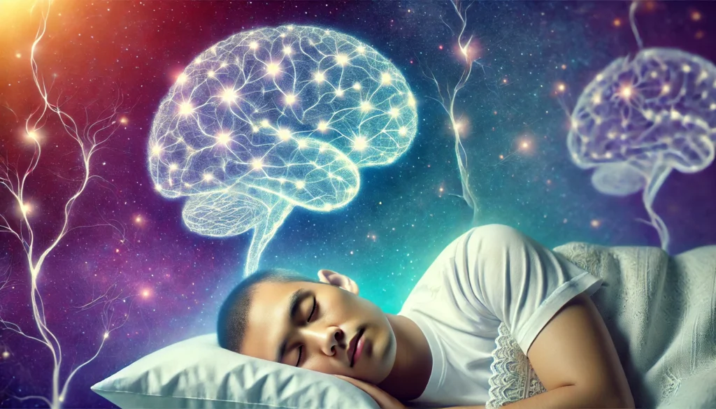 A serene image of a person sleeping peacefully, with glowing neural pathways emerging from their head, symbolizing the role of sleep in memory consolidation. The background has a dreamy, calming atmosphere, representing deep, restorative rest.