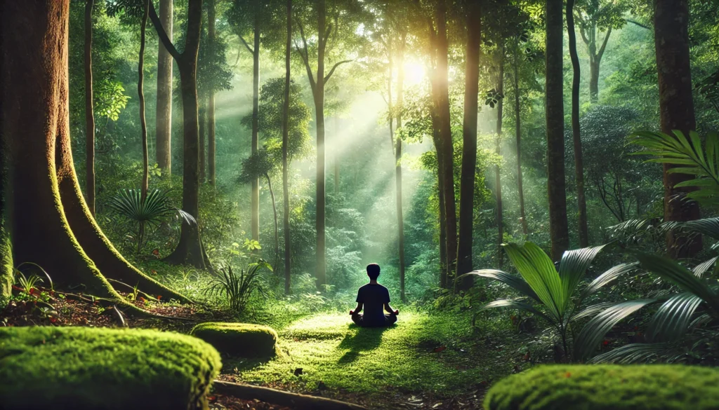 A person sitting in a peaceful forest clearing, meditating with closed eyes, surrounded by lush greenery and soft sunlight filtering through the trees. The scene represents mindfulness, inner peace, and the journey of self-growth