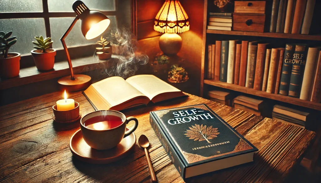 A cozy home library with an open self-growth book on a wooden table, accompanied by a steaming cup of tea and a warm glowing lamp. The setting exudes a sense of learning, reflection, and personal development