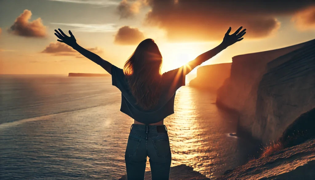 A woman standing on a cliffside, arms outstretched, facing the ocean as the sun sets. The image captures a moment of freedom, self-reflection, and personal transformation, embodying the essence of self-growth