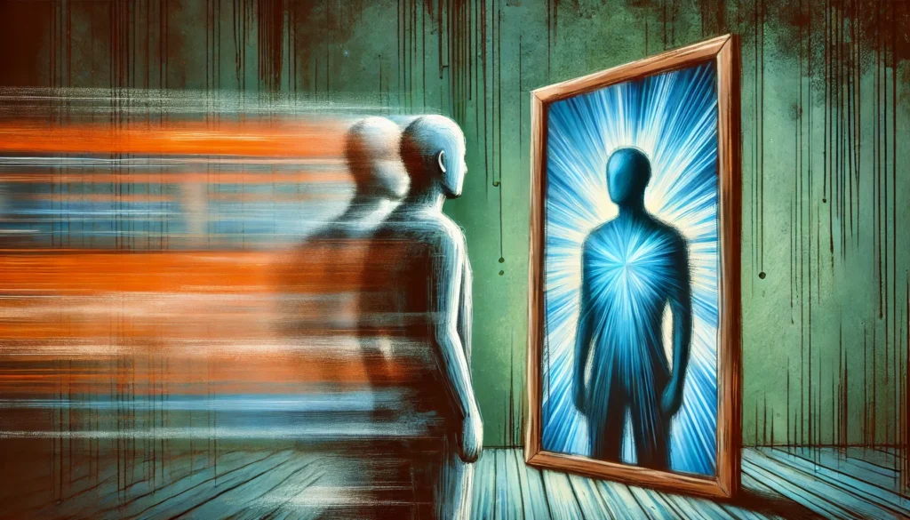 An artistic depiction of emotional processing delays, featuring a person standing in front of a blurry, shifting mirror, representing the struggle to recognize and process emotions in real-time.