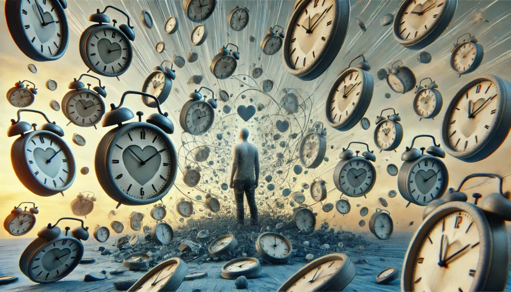 A surreal representation of delayed emotional responses, illustrating a person surrounded by floating, disjointed clock faces, symbolizing the lag between emotional experiences and their full recognition.