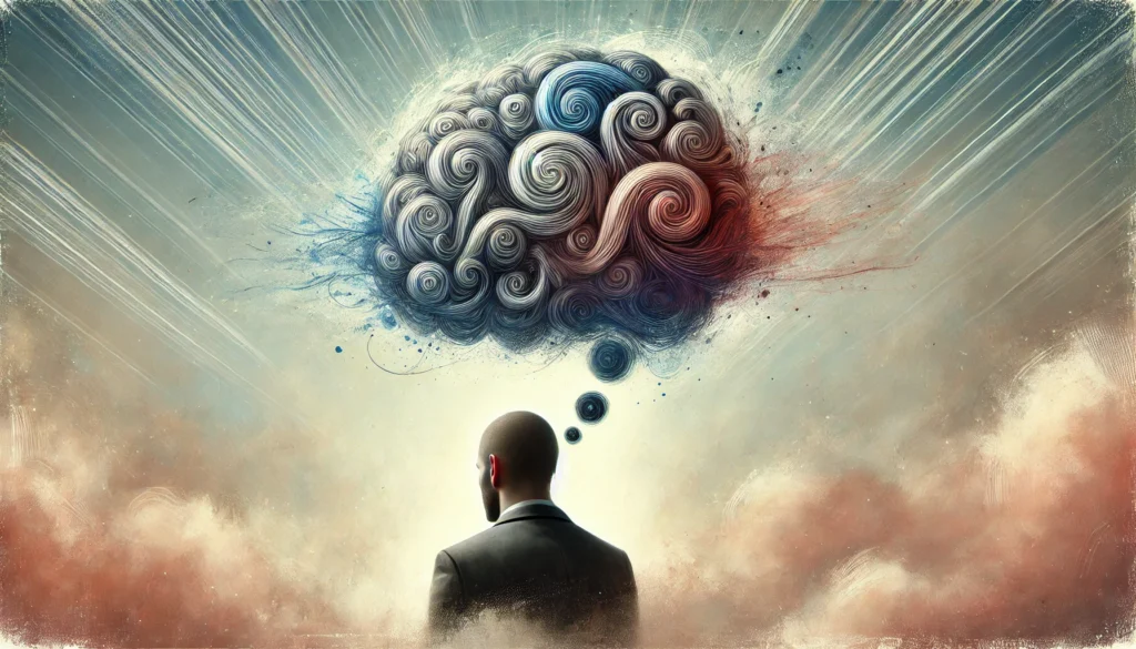 A metaphorical visualization of delayed emotional processing, showing a person with a thought bubble forming slowly above their head, filled with swirling, indistinct emotions, symbolizing the challenge of identifying and processing feelings in real-time.