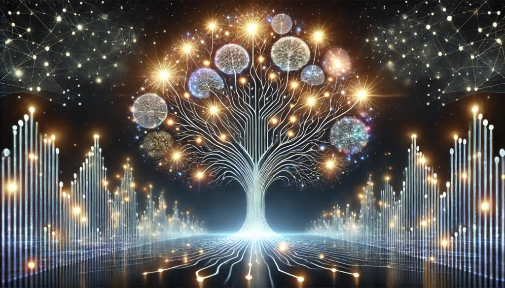 A symbolic visualization of speech therapy boosting cognitive function, featuring a glowing tree with branches made of sound waves. Each branch connects to illuminated memory nodes, representing the impact of speech exercises on mental clarity and recall.