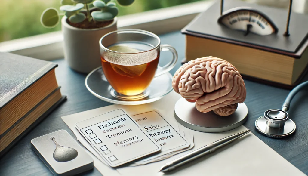 A desk setup with flashcards, a brain model, and a cup of herbal tea, emphasizing tools used in speech therapy for memory enhancement in a focused and therapeutic environment.