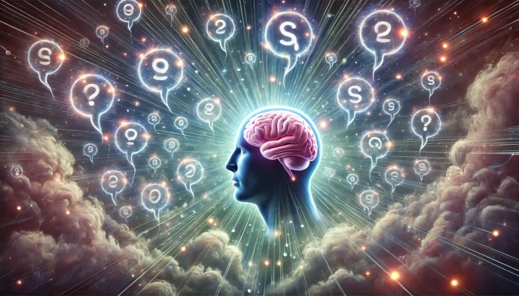 A surreal depiction of memory improvement through speech therapy, showcasing a human brain surrounded by floating, glowing speech bubbles. Each speech bubble represents verbal exercises strengthening memory pathways in an ethereal, dynamic scene.