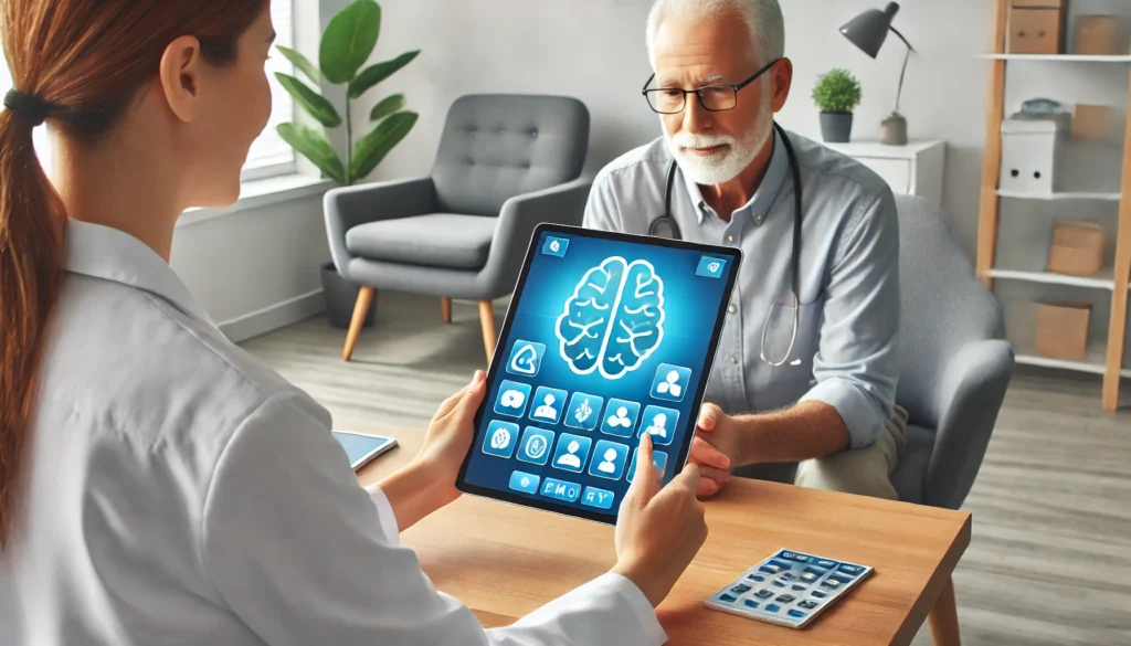 A therapist and an adult client collaborating on a digital memory game displayed on a tablet, in a bright, modern therapy room with comfortable seating, highlighting a tech-savvy approach to speech therapy for memory activities.