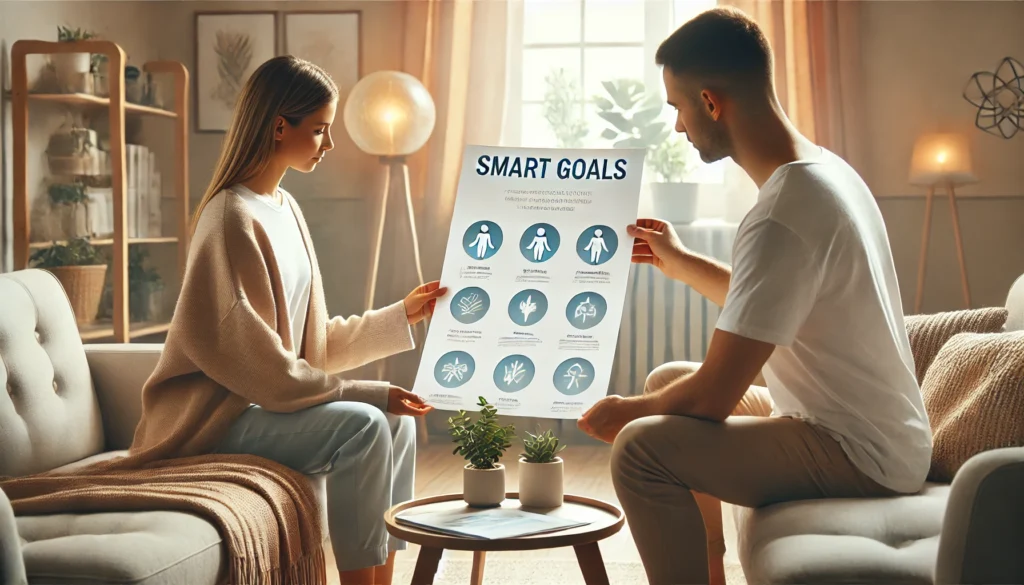 A wellness coach guiding a client through a printed SMART goals handout during a consultation, highlighting personal goal setting for 'smart goals handout pdf