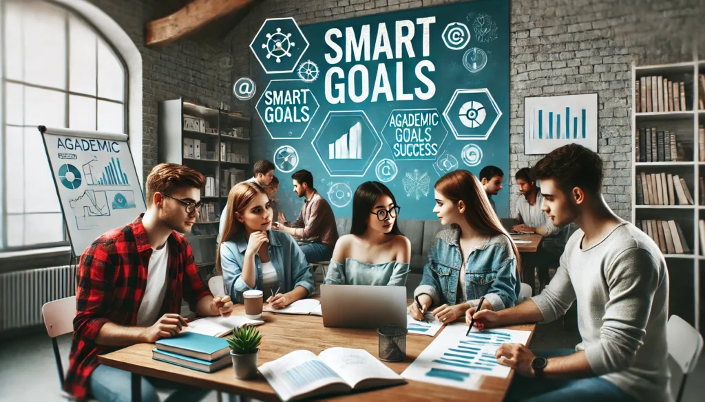 A diverse group of students collaborating in a study room, discussing their sample SMART goals for students with notebooks, charts, and a laptop on the table, promoting teamwork and productivity