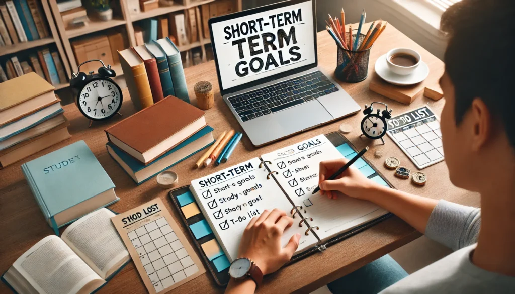 A student sitting at a desk, writing short-term goals in a planner with study materials such as textbooks, a laptop, and a to-do list, highlighting academic planning and productivity related to short term goals examples for students