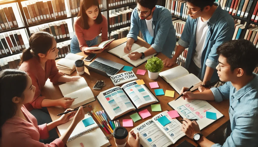 A group of students in a library collaborating on their short-term goals, using planners and sticky notes, surrounded by study materials like books and laptops, emphasizing teamwork and academic success related to short term goals examples for students