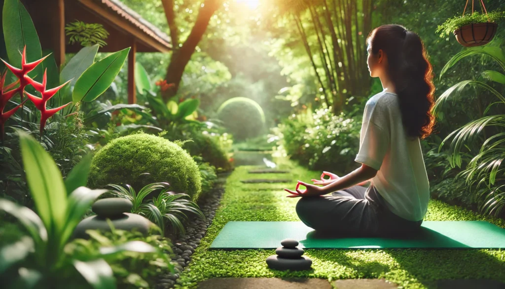 A person meditating on a yoga mat in a peaceful garden, surrounded by soft sunlight and lush greenery. This serene scene illustrates the balance between mindfulness, relaxation, and overall mental and physical health.