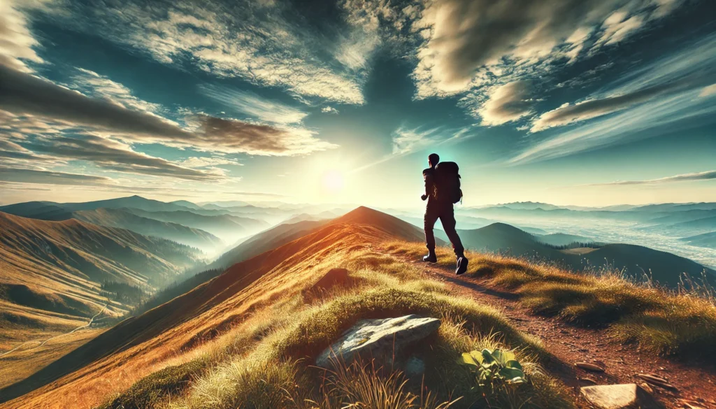 A person hiking on a scenic mountain trail, taking in the fresh air and breathtaking landscape. The expansive view and open sky symbolize the benefits of exercise for both mental and physical health, promoting resilience and overall well-being.