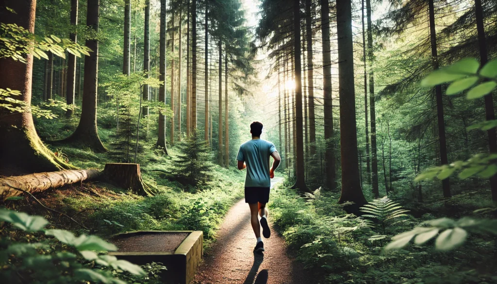 A person jogging along a serene forest trail in the early morning, surrounded by lush greenery. This image emphasizes how mental health exercises, like running in nature, can enhance mental clarity and reduce stress.