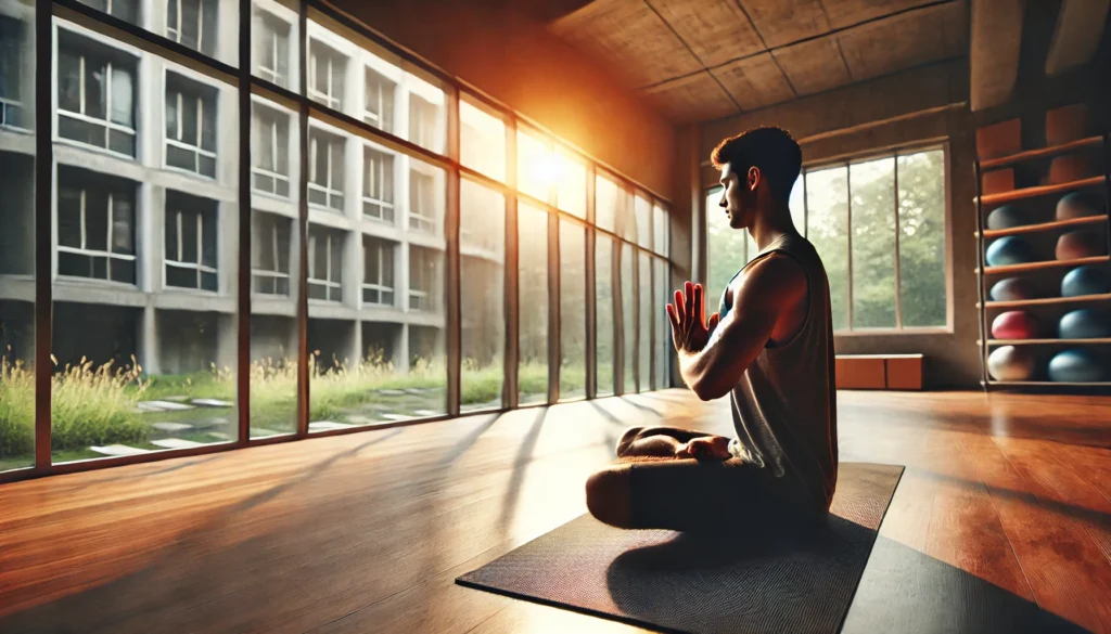 A person practicing yoga in a peaceful indoor studio with large windows allowing natural sunlight to stream in. The meditative pose and serene atmosphere highlight the relationship between fitness and mental health, demonstrating the benefits of movement and mindfulness