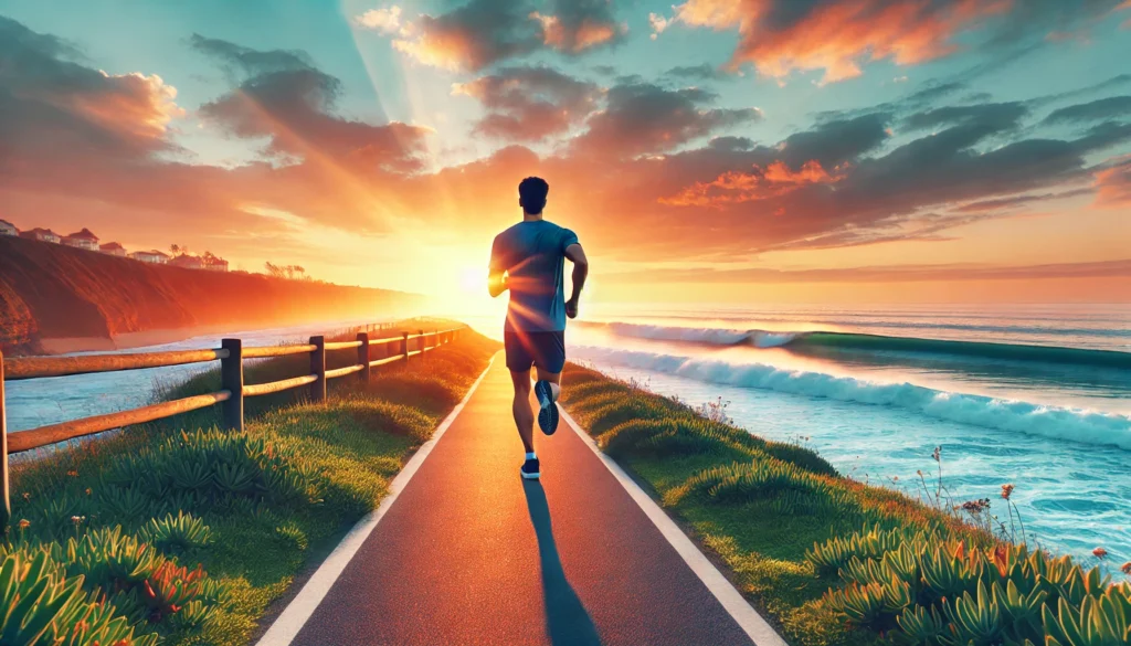 A person running along a scenic coastal path at sunrise, with ocean waves crashing beside them. The runner looks confident and focused, symbolizing how cardiovascular exercise promotes stress relief and enhances mental well-being.