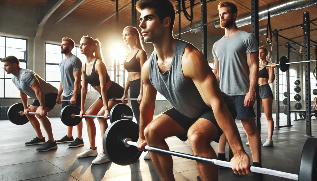 A group of people participating in a strength training session at a well-lit gym, lifting weights with determination and focus. The atmosphere emphasizes the connection between fitness and mental health, highlighting confidence, discipline, and resilience