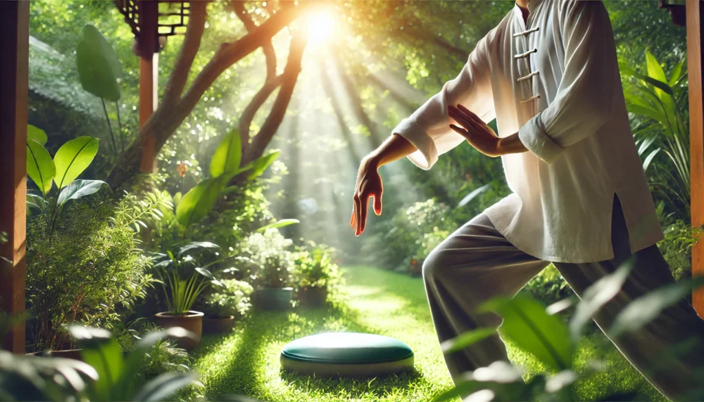 A person practicing Tai Chi in a peaceful garden, surrounded by lush greenery and soft sunlight. Their slow, deliberate movements exude calmness and focus, showcasing Tai Chi as one of the best exercises to reduce cortisol and promote relaxation.