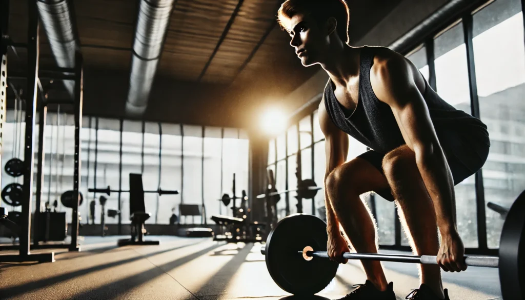 A person lifting weights in a gym with a focused and determined expression. This image showcases why does working out feel good, demonstrating the sense of strength, resilience, and confidence that comes with regular exercise