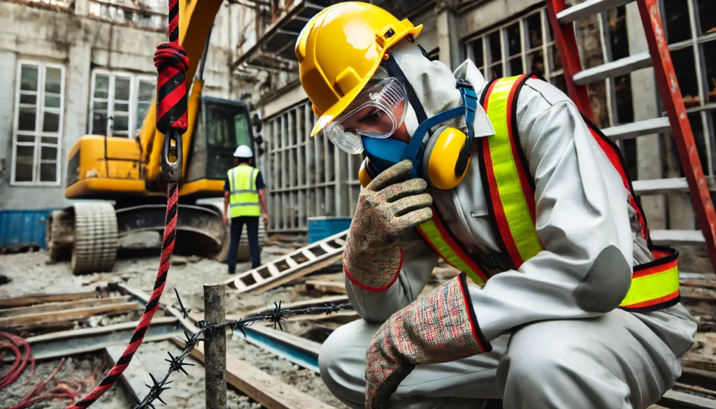 An individual in a construction setting wearing safety gear, appearing concerned about a potential workplace hazard, illustrating stress about safety in demanding job environments.