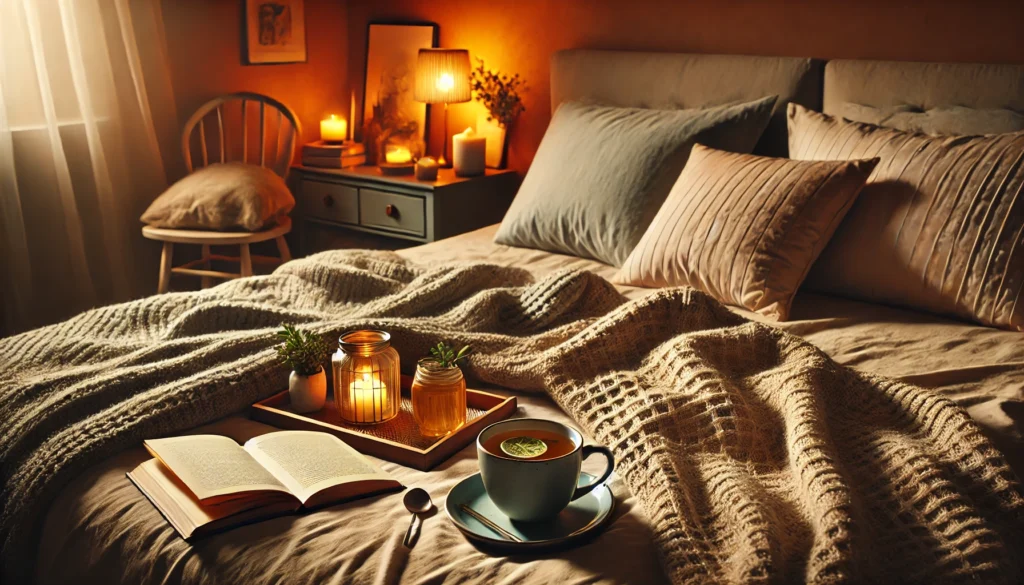 A weighted blanket draped over a soft bed, accompanied by warm ambient lighting, a steaming cup of herbal tea, and a book, promoting deep relaxation and comfort.