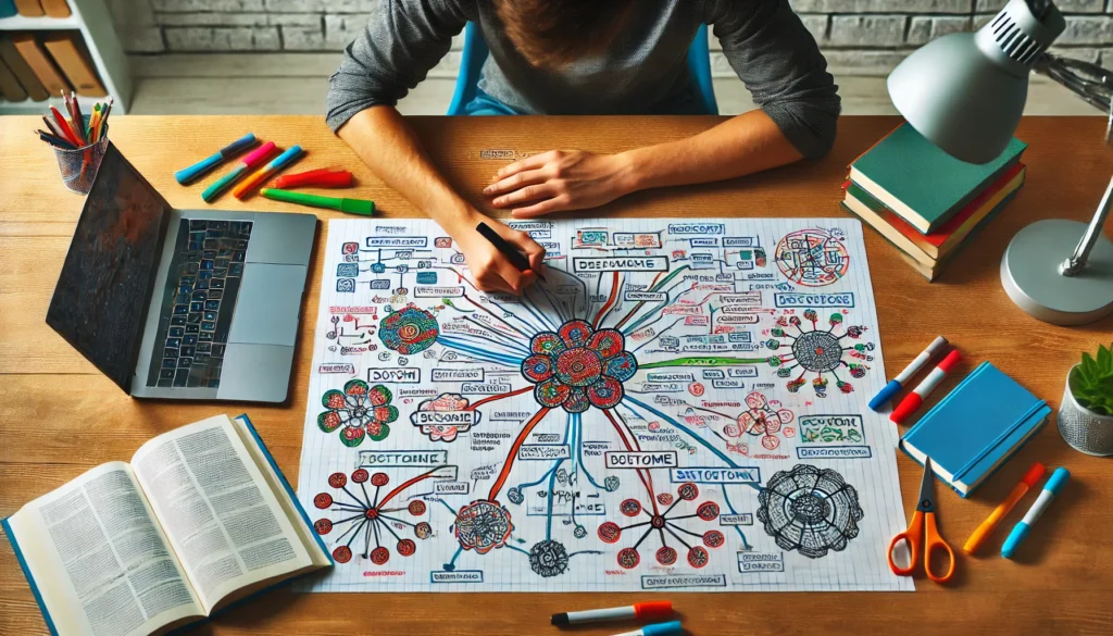 A student drawing a colorful mind map on paper, visually organizing study material with markers and textbooks for better exam recall