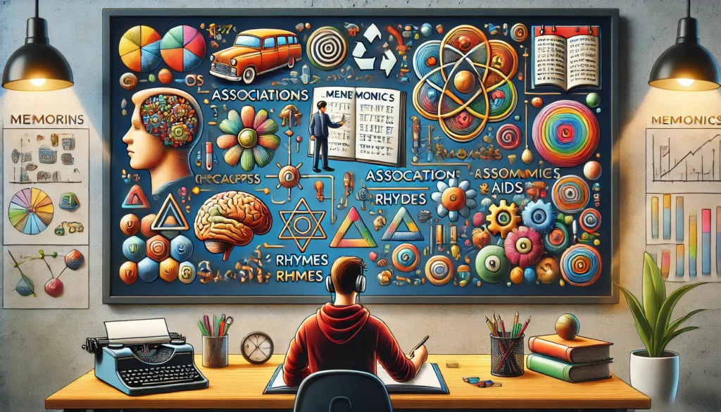 A student using mnemonics to study, associating abstract concepts with familiar objects. The scene includes colorful memory aids like acronyms, rhymes, and symbolic visuals