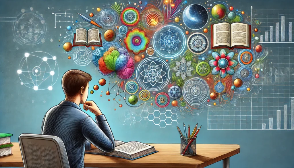 A student employing visualization techniques, creating vivid mental images of study concepts. Floating thought bubbles contain detailed imagery representing the learning materia