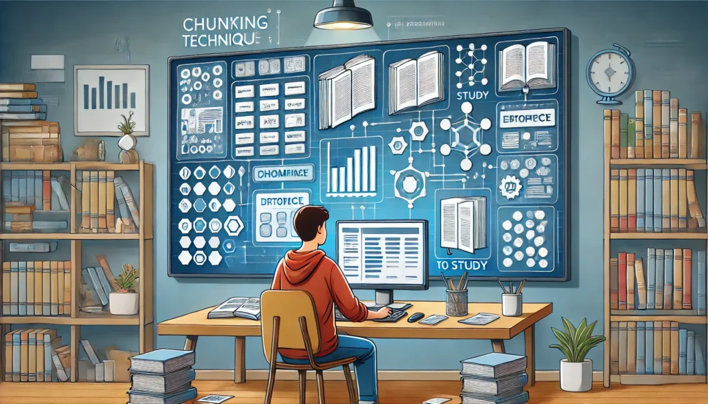 A student using the chunking technique to study, breaking down information into smaller, manageable sections. The background showcases an organized study space for effective learning