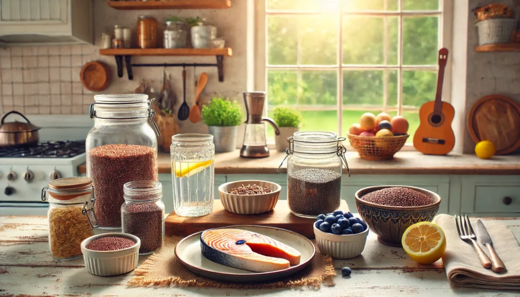 A cozy kitchen counter with a variety of brain foods displayed in a rustic and inviting style, featuring grilled salmon, a bowl of flaxseeds and chia seeds, blueberries in a glass jar, and a pitcher of water with lemon slices, under soft natural lighting