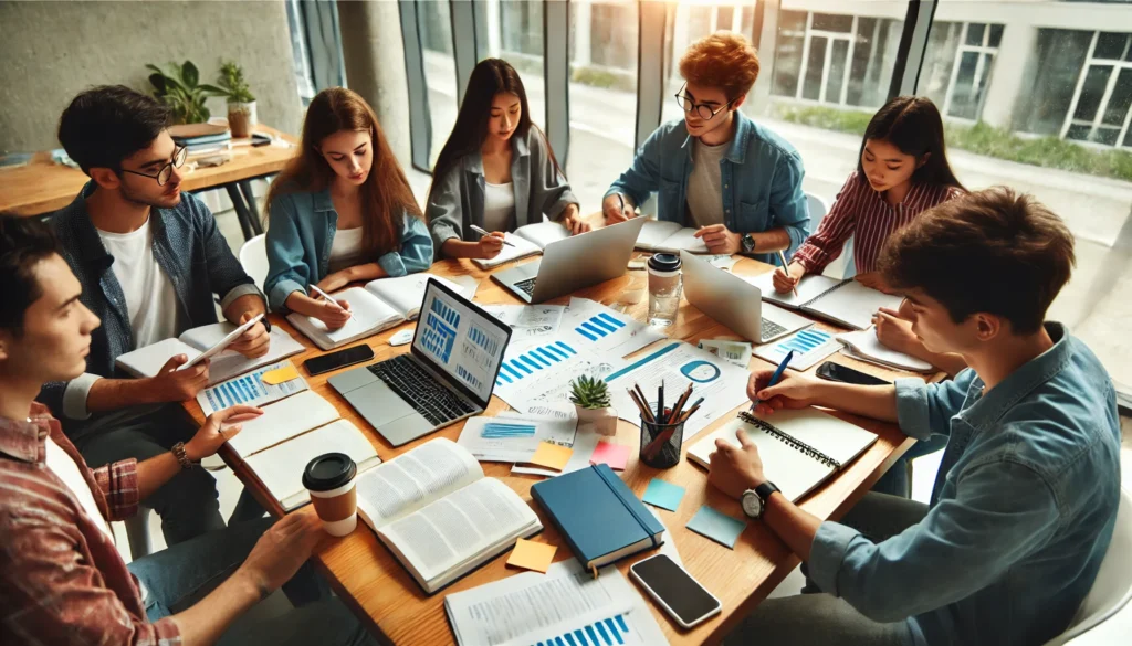 A group of students engaged in active learning, discussing concepts and problem-solving with study materials in a modern, well-lit environment.