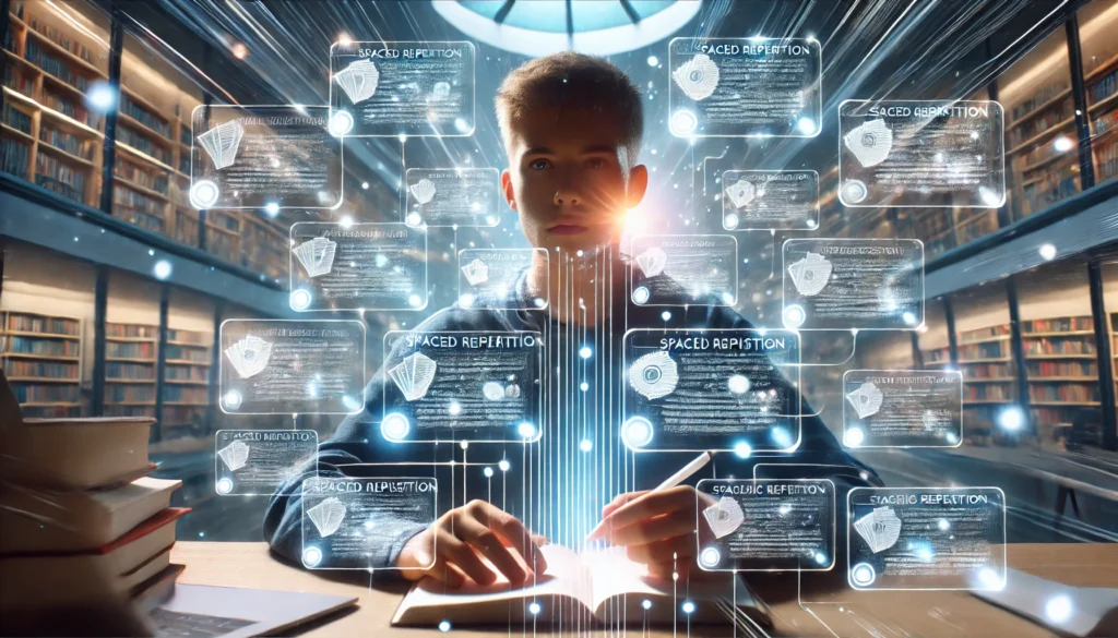 A student using the 'Spaced Repetition' method for studying, surrounded by floating digital flashcards. The futuristic overlay emphasizes strategic review for long-term memory improvement.