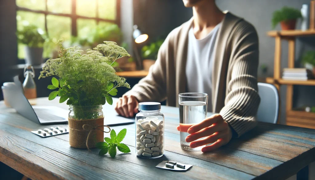 A person sitting at a desk, holding a bottle of magnesium supplements next to a glass of water, with a calm workspace and fresh herbs in the background, symbolizing relaxation and nervous system health.