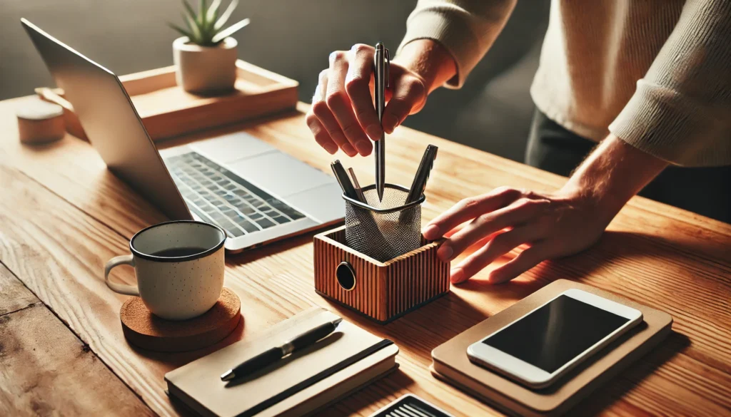 A minimalist workspace with a wooden desk, laptop, notebook, and coffee cup. A person's hands place a pen in a designated holder, demonstrating how to remember where you put something by creating a structured routine