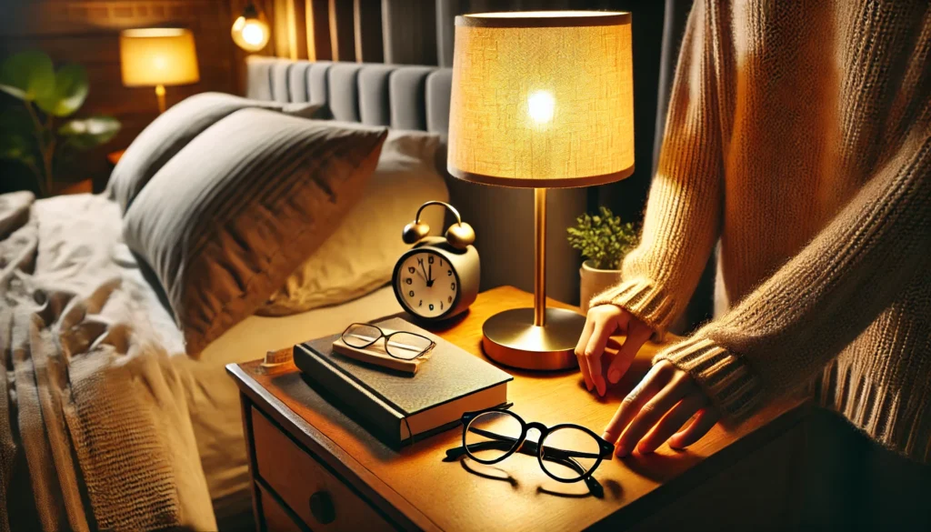 A cozy nightstand setup with reading glasses, a book, and a lamp. A person's hand places the glasses down, reinforcing the concept of how to remember where you put something by using a consistent placement strategy